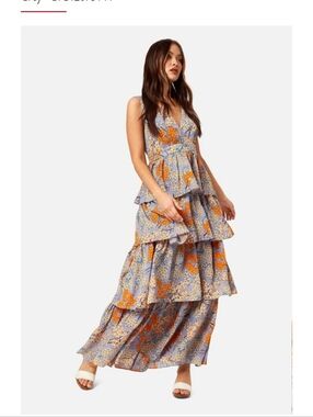 Traffic People Tiered Floral Maxi Dress in Lavender and Orange